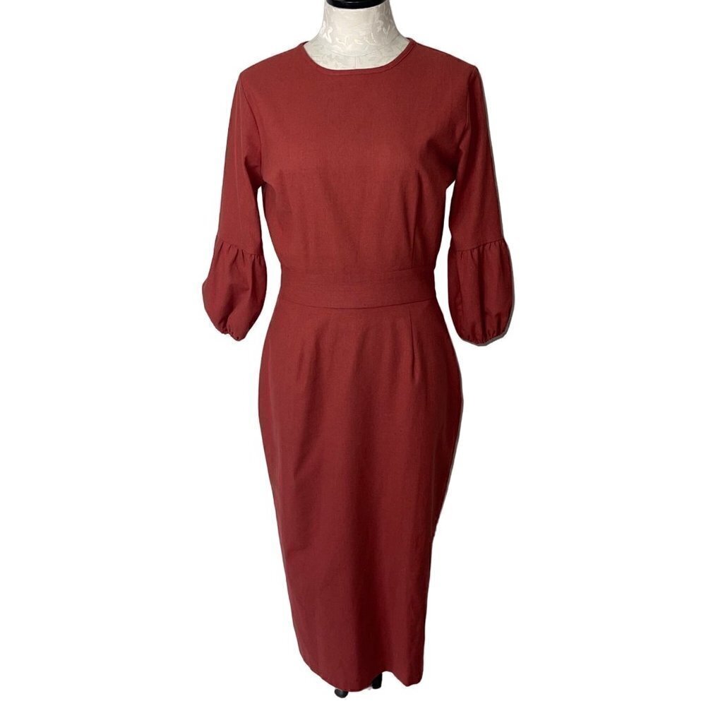 FKSP Womens Midi Sheath Dress Size Small Cinnamon Red Fitted Linen Blend